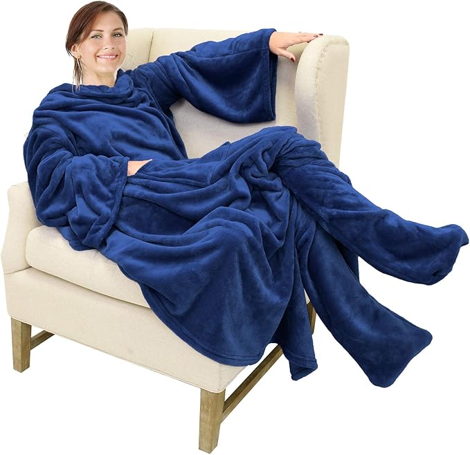 Catalonia Wearable Fleece Blanket with Sleeves and Foot Pockets for Adult Women Men, Micro Plush Comfy Wrap Sleeved Throw Blanket Robe Large, Gift for Her