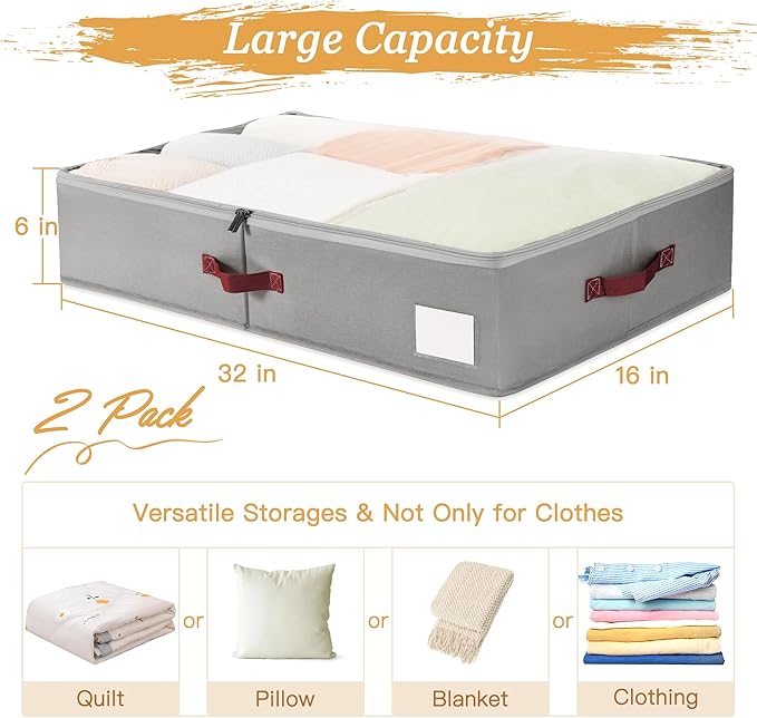 Criusia Under Bed Storage Bins with Clear PVC Lids – 2 Pack Large Underbed Organizers with Heavy-Duty Handles, Reinforced with 800G PP Panels & 80G Non-Woven Fabric – Waterproof & Foldable, Gery