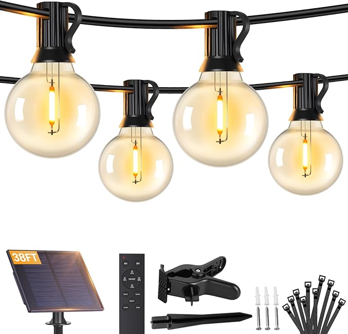 Brightever 38FT Solar String Lights Outdoor with Remote and 15+1 LED Shatterproof G40 Bulbs, Dimmable & Timable, 3 Lighting Modes, Waterproof Solar Power Patio Lights for Outside, Party, Cafe, Bistro