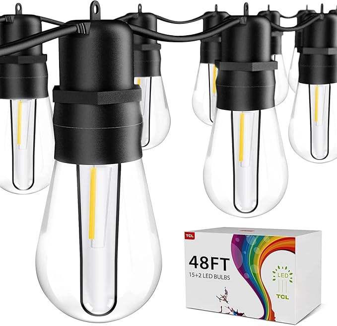 49FT LED Outdoor String Lights - Waterproof Patio & Backyard Cafe Lights with 15+2 Spare Bulbs