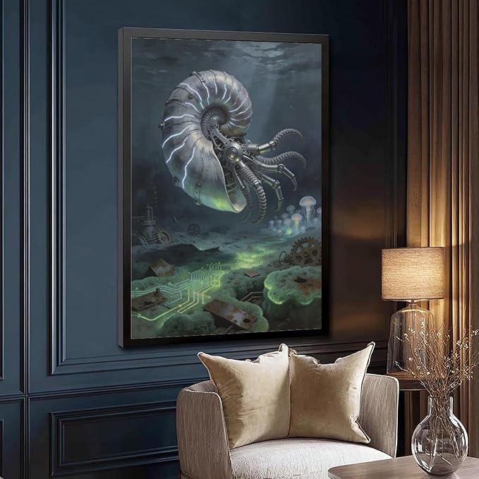 Framed Steampunk Mechanical Nautilus Wall Art - Underwater Industrial Poster for Man Cave Studio Decor 16x24in