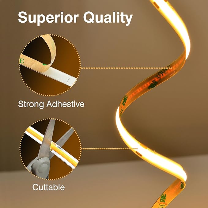 COB LED Strip Lights Warm White,24V Dimmable led Light Strip KIT with Remote and app Control,3000K 50FT/15m 8mm Wide Ra>90 Cuttable Flexible Strip Lights for Bedroom,Shelf,Cabinet