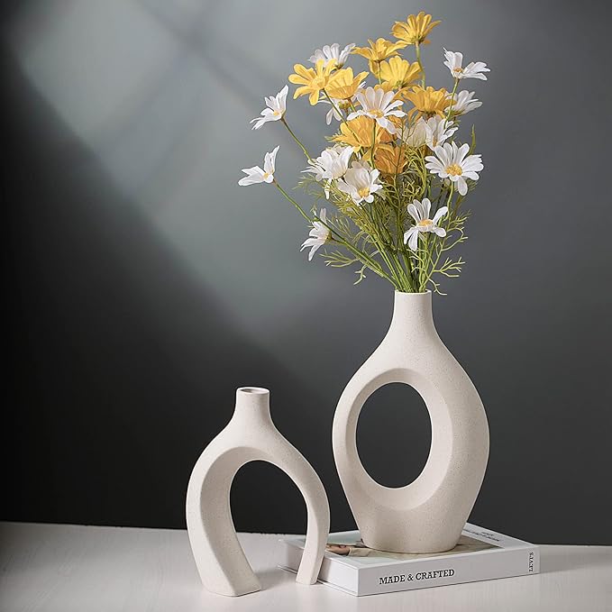 Extra Large Hollow Nordic Modern Ceramic Vases Set of 2, Milky White Aesthetic Round Donut Boho ins Style Flower Decorative Vase for Room Home Book Shelf Table Decor (Matte W 8" X H 11")