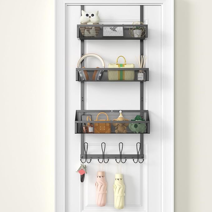 Over The Door Hook Organizer with 12 Hooks & 3 Mesh Baskets – Space-Saving Towel Rack & Storage Hanger for Bathroom, Kitchen, Bedroom, No Drill Door Hooks, Black