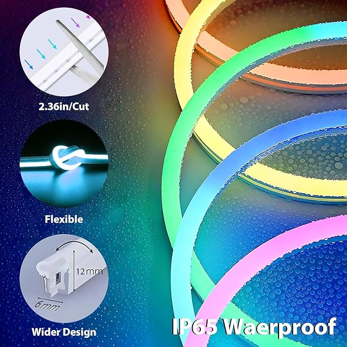 Lamomo 65.6Ft LED Strip Lights, RGB Neon Rope Light with App Remote Control, Music Sync Color Changing Waterproof Flexible Led Light Strip, Cuttable Gaming 24V Neon Lights for Bedroom Indoor