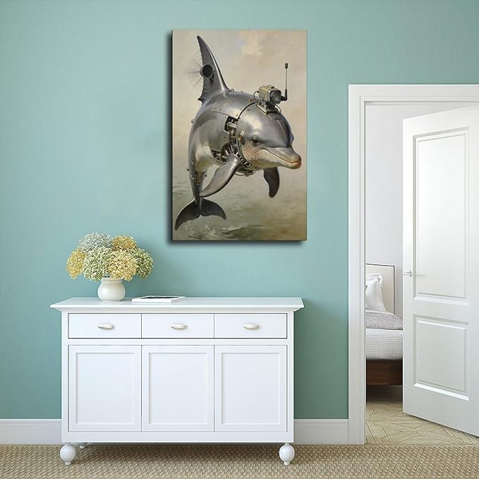 Framed Steampunk Mechanical Dolphin Wall Art - Marine Retro-Futuristic Poster for Beach House Living Room Decor 08x12inch(20x30cm)