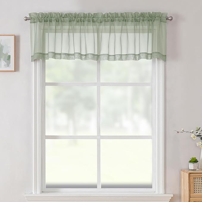 Aiyufneg 2 Panels Sage Green Sheer Valance - Short Fresh Sheer Curtain Valances for Windows Basement Semi Sheer Valances for Kitchen Window, Dual Rod Pocket (Sage Green, 40 by 14 Inches Long)