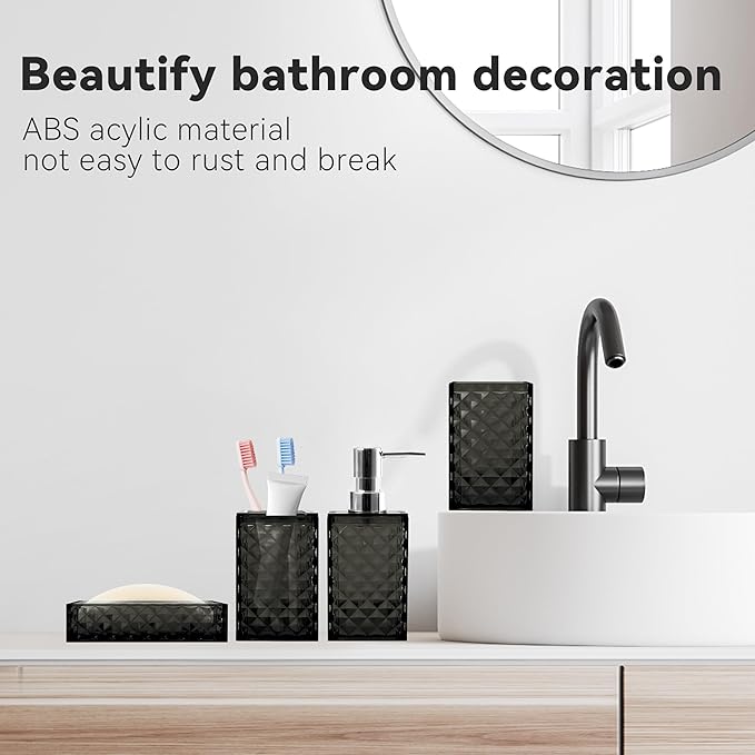 Bathroom Accessory Set, 4 PCS Black Bathroom Accessories Set, Soap Dispenser and Toothbrush Holder Set, Soap Dish and Mouthwash Cup, Boho Bathroom Decor, Bathroom Sets Accessories