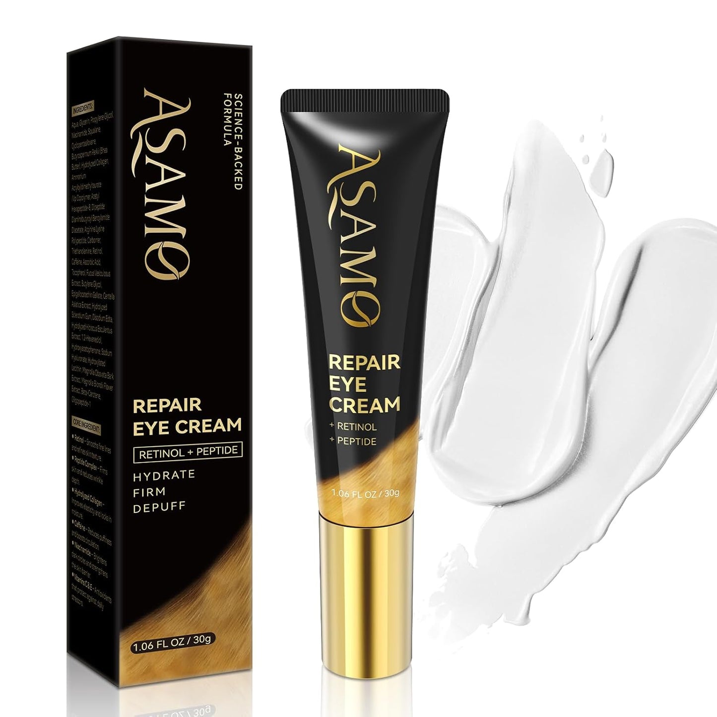 ASAMO Retinol Eye Cream – Retinol and Peptides for Fine Lines, Puffiness, and Under-Eye Shadows, Anti Aging, Eye Care Daily Wrinkle Cream,1.06 fl.oz
