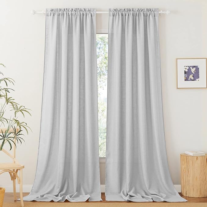 RYB HOME Sheer Curtains for Living Room Linen Woven Sheer Backdrop Curtains Light Glare Filtering Airy for Bedroom Window Sunroom Kids Nursery, Dove Grey, W 52 x L 120 inch, 2 Pcs