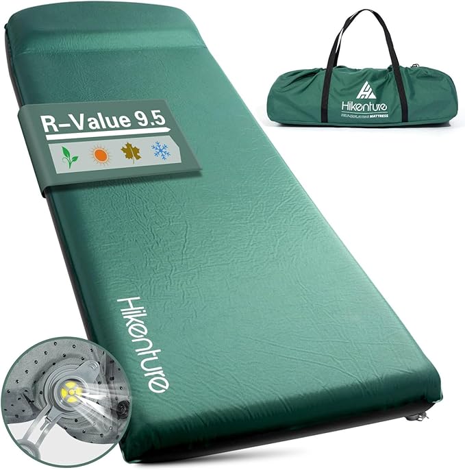 Hikenture Self Inflating Sleeping Pad for Camping, 3'' Ultra Thick Camping Pad with Pillow, 9.5 R-Value Insulated Camping Mattress, 4-Season Inflatable Foam Camping Mat for Car, Tent, Cot