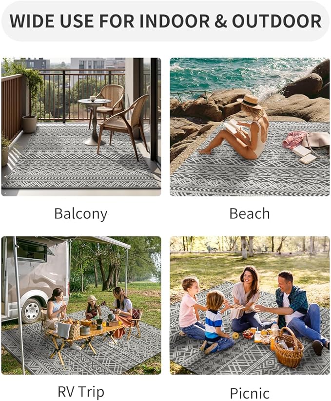MontVoo Outdoor Rug 8x10 Waterproof Outdoor Patio Rug Mat Reverisble Plastic Straw Outdoor Rug for RV Camping Picnic Beach Balcony Boho Grey