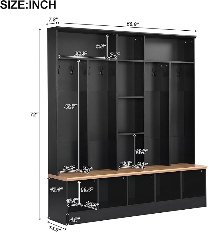 Merax 72'' H Hall Tree with Shoe Storage Bench, Modern Hall Tree with Storage Shelves & 8 Hooks, Coat Rack for Entryway, Mudroom, Hallway, Living Room,Black