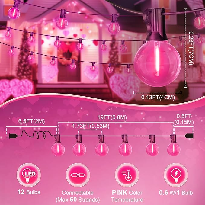 LAMPHOME LED Outdoor String Light, 26Feet Patio Lights with 12+1Edison Shatterproof Bulbs(1Spare), UL Waterproof Outside Lights connectable Dimmable for Backyard Porch Decor,Pink
