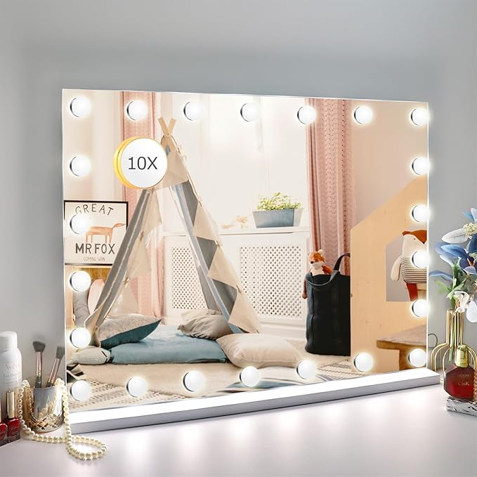 27.5"x 21.6" Vanity Mirror Makeup Mirror with Lights,10X Large Hollywood Lighted Vanity Mirror with 22 Dimmable LED Bulbs,3 Color Modes,Touch Control for Bedroom,Tabletop or Wall-Mounted