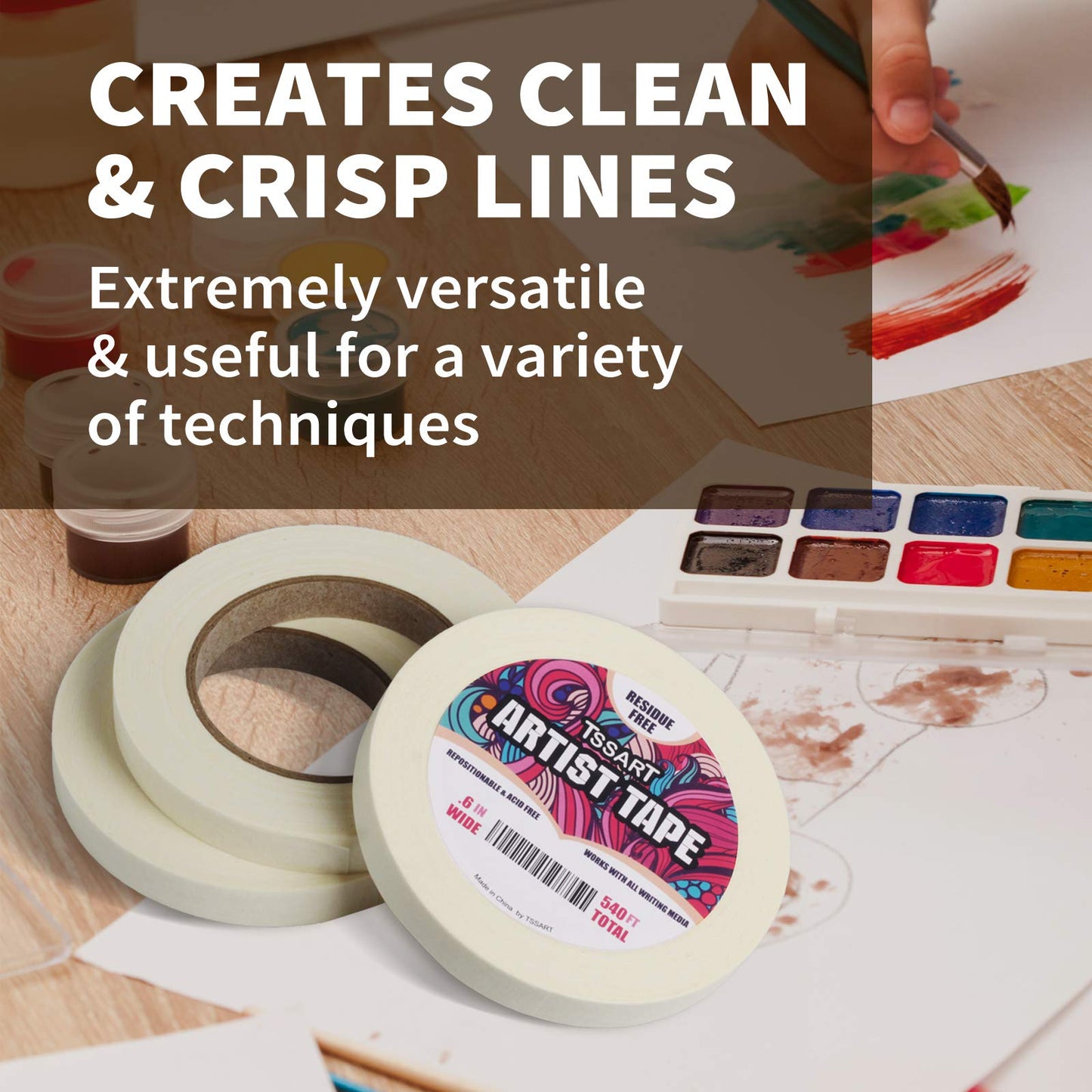 TSSART 3 Pack White Artist Tape - Masking Artists Tape for Drafting Art Watercolor Painting Canvas Framing - Acid Free 0.6inch Wide 540FT Long Total