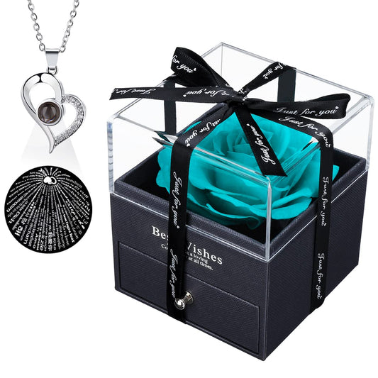 Mothers Day Rose Gifts for Mom, Preserved Rose Gifts for Girlfriend Preserved Real Rose with 100 Languages I Love You Necklace Valentine's Day Gifts,Anniversary Romantic Gifts for Wife(Light Blue)