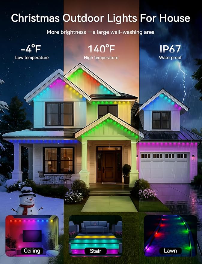 Permanent Outdoor Lights for House -Eaves Lights 150FT with 75 IC+RGBCW LED IP67 Waterproof, Smart Outside LED Christmas Light with App/Remote, Eternity Lighting for Holiday/Daily