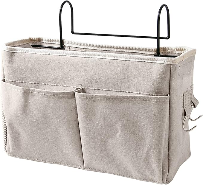 Cotton Linen Bedside Caddy Storage Organizer, Hanging Pocket for Bedside, Nightstand, Dorm Room (White)