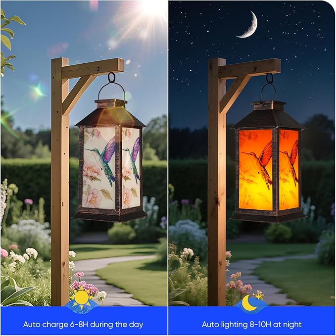 Homemory Hanging Solar Lanterns Outdoor Waterproof, Solar Hummingbird Lights with LED Flickering Flameless Candles, Gifts for Women Mom, Outside Lantern Decoration Garden,Yard,Patio,Lawn