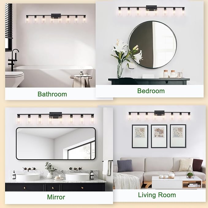 8-Light Black Vanity Light Fixtures,Vanity Lights Clear Glass ShadeRust and Moisture Resistant Easy to Install Vanity Lights for Bathroom Light Over Mirror