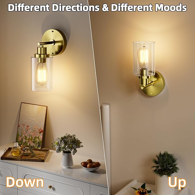 GORDNWE 1-Light Bathroom Wall Sconce, Brushed Gold Vanity Light, Modern Wall Light Fixture with Clear Glass Shade and E26 Bulb Base, Wall Lamp Wall Mount Light Fixtures for Mirror, Bedroom, Hallway