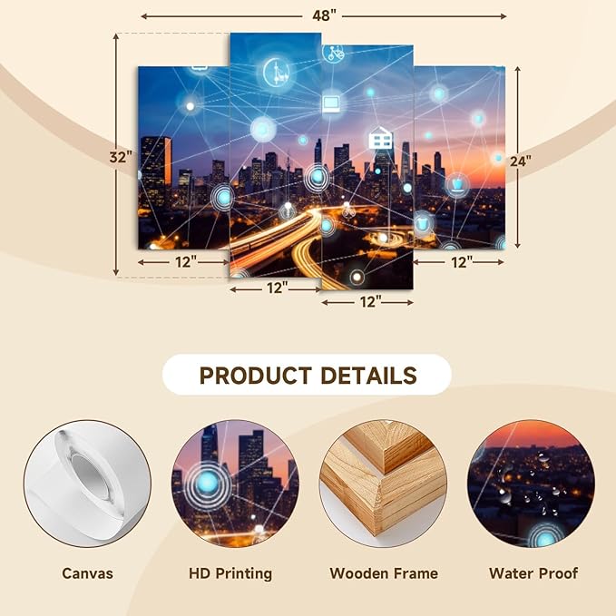 Canvas Wall Art Prints Pictures smart city wireless communication network Framed Posters Modern Wall Painting Artwork Gift Home Decor for Living Room Ready to Hang 4 Panel