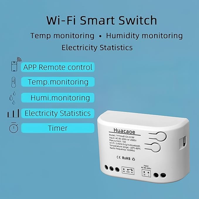 1CH Tuya Intelligent Temperature and Humidity Sensor,AC 85-250V/USB 5V Dry Contact Relay,Dry Contact,Timing Switch,Real-Time Monitoring Intelligent Module,Compatible with Alexa Google
