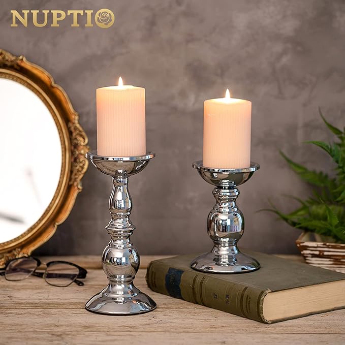 Nuptio Pillar Candle Holders Metal Candle Holder Ideal for 3 inches Candles, Silver Candle Holder for Living Room, Gardens, Spa, Aromatherapy, Incense Cones, Wedding, Party, 2 Pcs