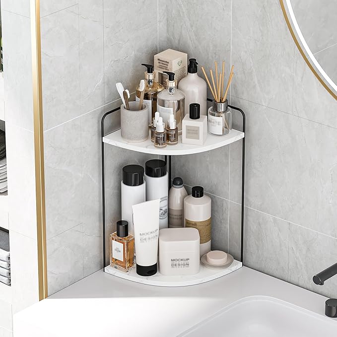 Forest Angle Bathroom Counter Organizer,Countertop Organizer,Vanity Organizers,Bathroom Storage,Bathroom Sink Caddy,Counter Shelf,Corner Counter,Corner Shelves(Black-White Marble)