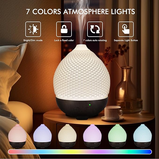 Essential Oils Diffuser Ceramic 250ml - Ultrasonic Aromatherapy Diffuser 3D Printing Dome, Cool Mist Air Freshener with 2 Mist Modes 7 Colors LED Lights, Auto Shut-Off Protection for Home Office Decor