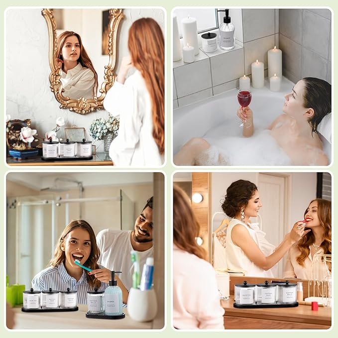 Yaomiao 5 Pack Bathroom Accessories Set, Modern Bathroom Decor Sets, Glass Liquid Soap Dispenser, Vanity Tray, Toothbrush Holder, Cotton Swab Jars with Lids for Sink Countertop(Clear,Striped)
