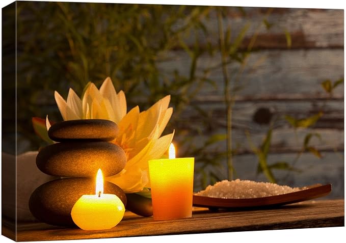 wall26 Canvas Print Wall Art Wood Panel Meditation Spax Candle Massage Stones Nature Wilderness Photography Realism Rustic Landscape Colorful Multicolor for Living Room, Bedroom, Bathroom - 12"x18"