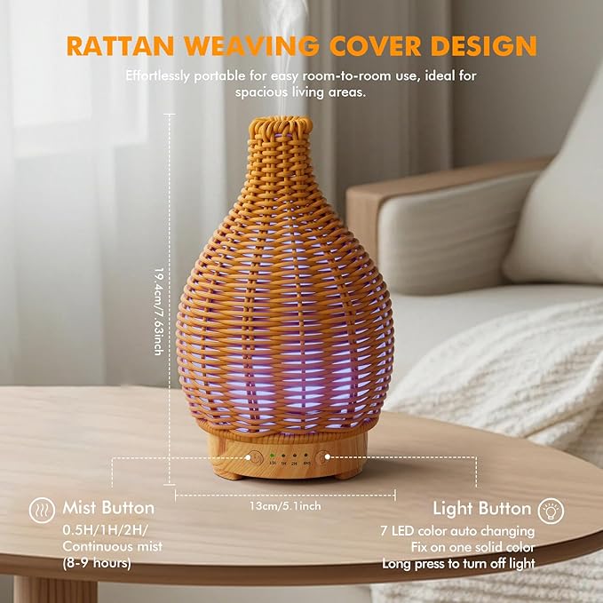 Boho Essential Oil Diffuser for Home -150ml Ultrasonic Fragrance Diffuser Humidifier Whisper Quiet Timer Setting 7 LED Colors Changing Lights for Home Office Decor & Gift (Handwoven)