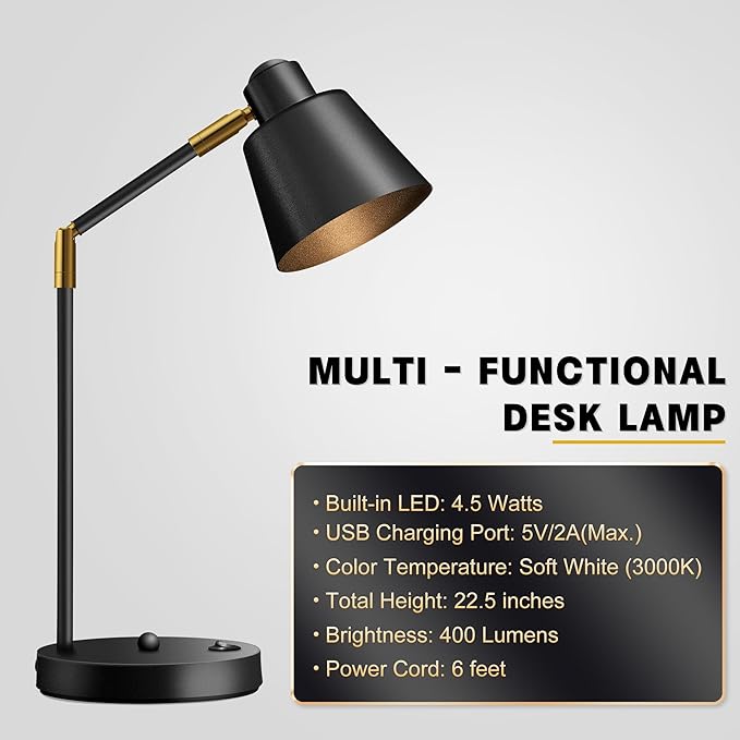 LED Desk Lamp with Dual USB Charging Ports, 100% Metal, 270° Swivel Arms, Soft White Light (3000K), Bedside Reading Lamp, Home Office Lamp (Black)