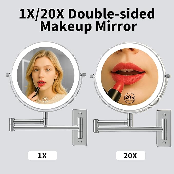 1X/20X Wall Mounted Makeup Mirror with Lights, 8" Double Sided Bathroom Magnifying Mirror with 360° Extension Arm, Dimmable, Rechargeable, Touch Control, Chrome