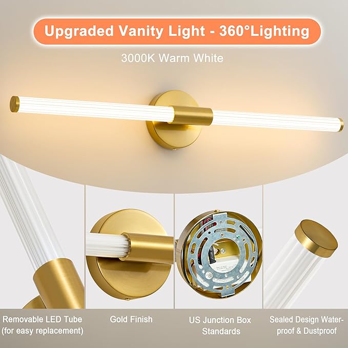 Dimmable LED Bathroom Vanity Lights 360° Full Lighting Bathroom Light Fixtures Over Mirror Vanity Light Bar Modern Wall Sconce Warm White for Bedroom Living Room Hardwired Gold, 30 inch