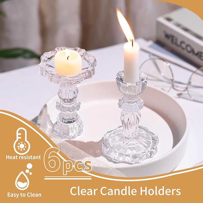 Glass Candlestick Holders Set 6PCS, Clear Taper Candle Holders Bulk, Crystal Tall Candle Holder for Table Centerpieces, Fall, Christmas, Autumn, Thanksgiving Decor