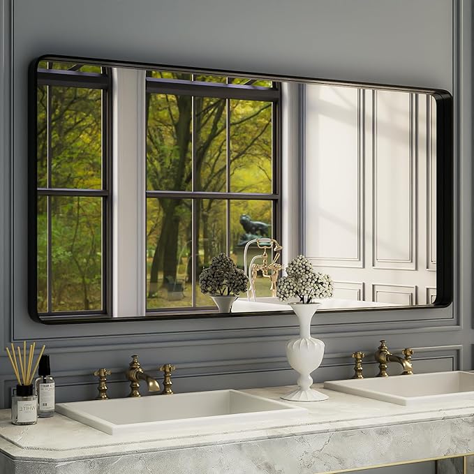 ISKM 60x30 Inch Black Framed Mirrors for Bathroom Vanity Mirror for Wall Decorative Rectangular Anti-Rust Tempered Glass (Horizontal/Vertical)