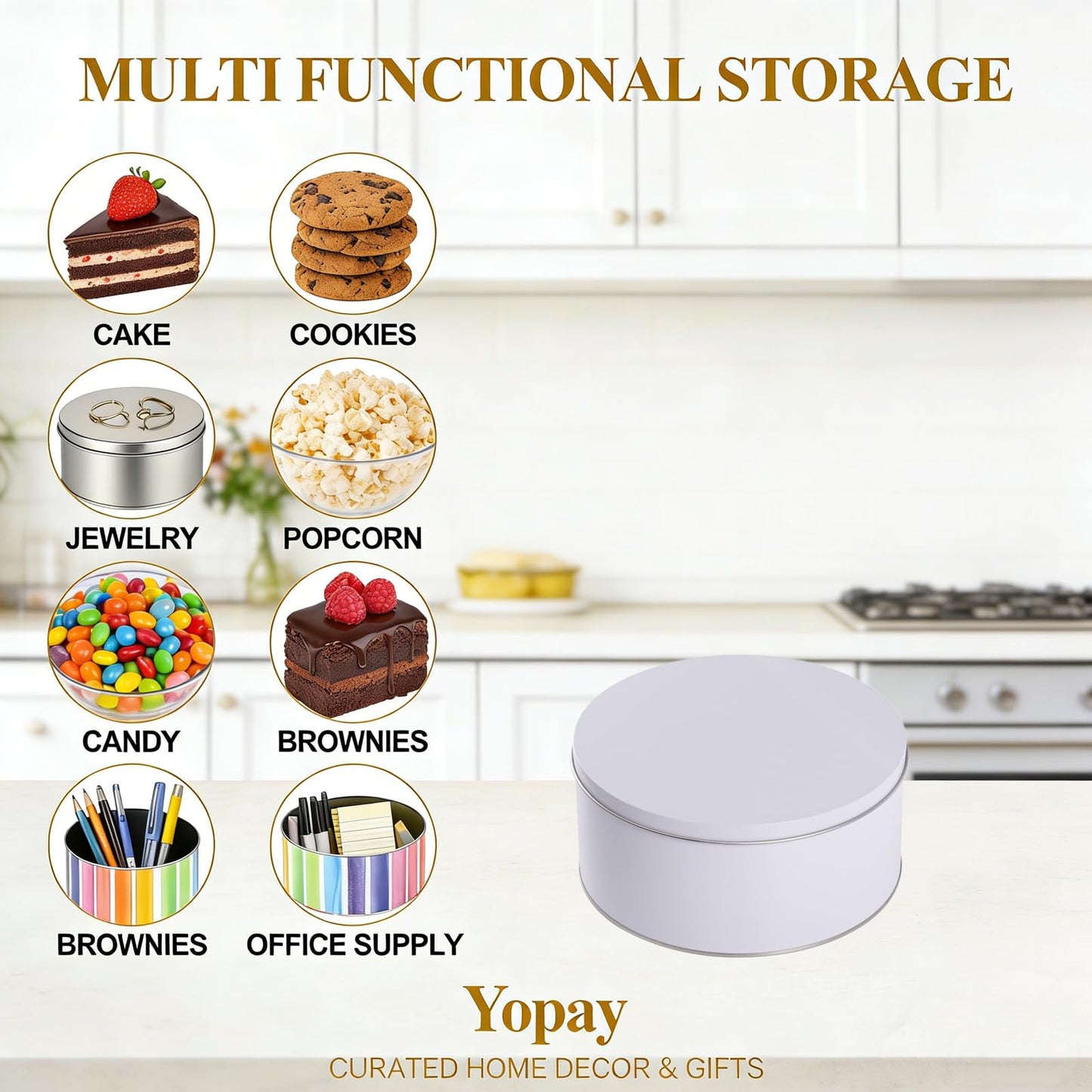 Yopay 3 Pack Cookie Tin with Lid, Round Sturdy Gift Tin, White Baking Cake Container for Storing Patisseries, Snack, Chocolate, Easter, Special Occasion, Holidays, 7" Wide by 3.2"" Tall"