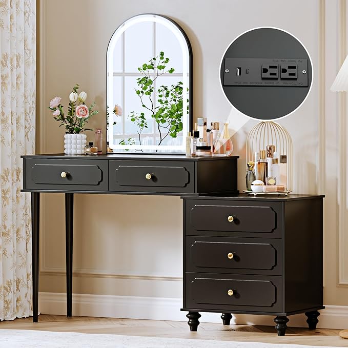 Black,Vanity Desk with Mirror and Lights,Makeup Vanity with Power Outlet and Adjustable Cabinet,Modern Makeup Table with 3 Drawers for Bedroom Makeup Room