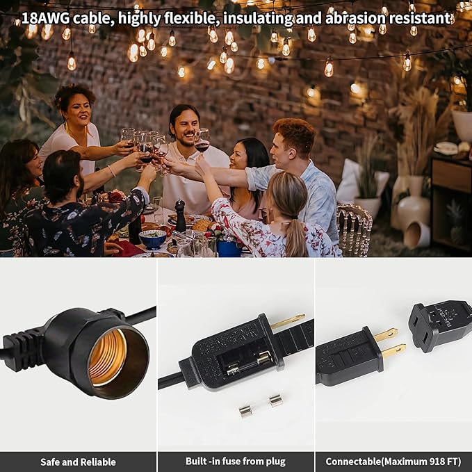 27FT LED Outdoor String Lights, IP65 Waterproof, S14 Shatterproof Outside String Lights (Maximum 918FT) Edison Vintage Bulbs Patio, Balcony, Deck, Garden Lights
