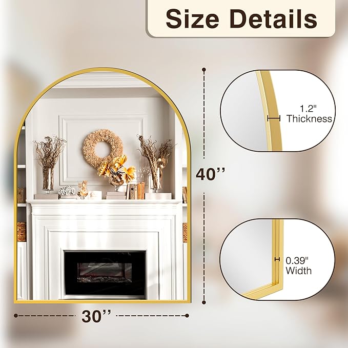 FICTOR Bathroom Vanity Mirror for Wall,40”x30” Large Arched Metal Framed Bathroom Mirror for Over Sink, Entryway, Living Room & Bedroom(Gold)