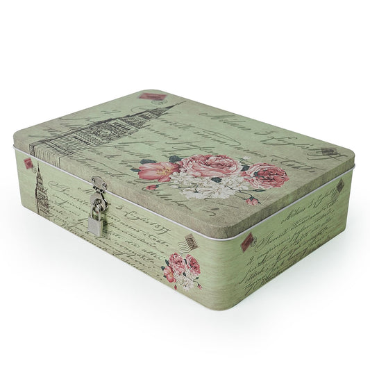 Luwint Tin Metal Storage Box - Vintage Letter Paper Cookies Container Decorative Secret Case with Key & Lock Gifts for Boys Girls Birthday Home Decor Keepsake