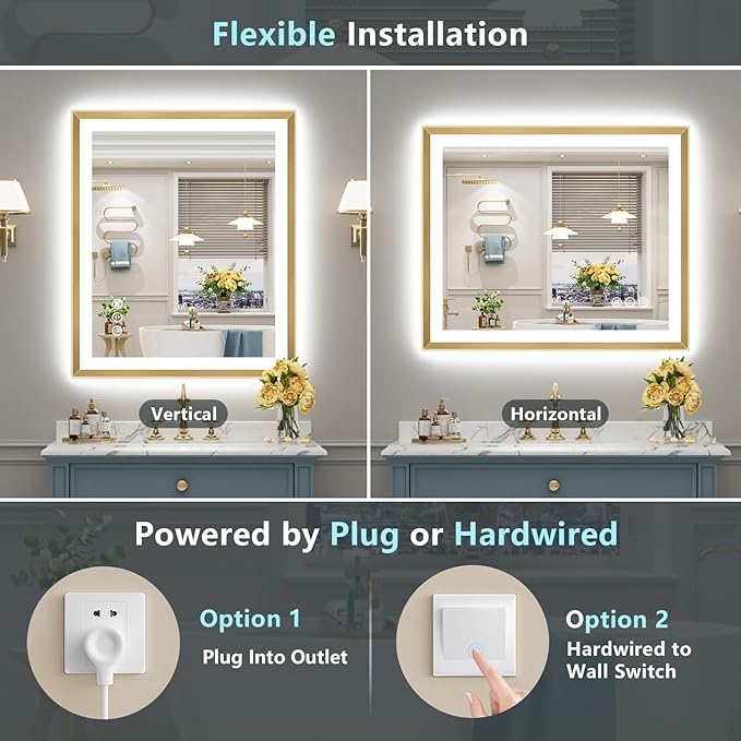 30x36 Gold Beveled LED Bathroom Mirror with Lights, Brushed Gold Framed Backlit and Front Lit Anti-Fog Lighted Vanity Mirrors for Bathroom Wall, Dimmable, 3 Colors, Memory, HD Tempered Glass