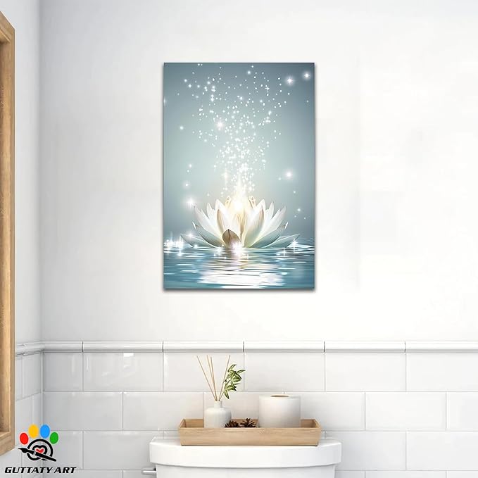 Zen White Lotus Flower Canvas Wall Art, Lotus Flower Pictures Bathroom Zen Print, Spiritual Water Lily Canvas Prints, Lotus Bloom on Water Poster, Zen Calm Relax Artwork for Yoga Spa Room 24x36 inch
