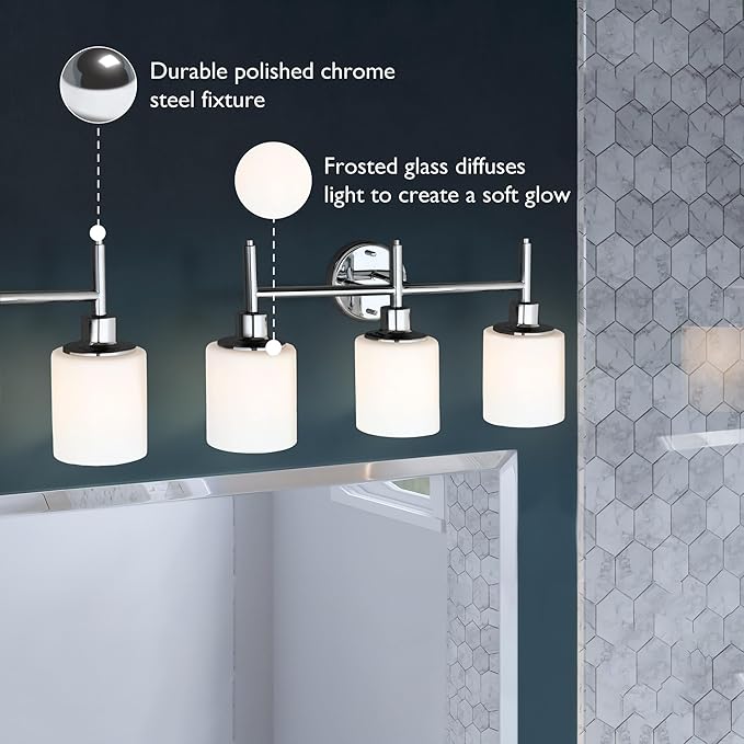 Design House Aubrey Transitional 3-Light Indoor Bathroom Vanity Light – Above The Mirror, Dimmable, Damp Listed – Frosted Glass and Polished Chrome – Design House, 589770