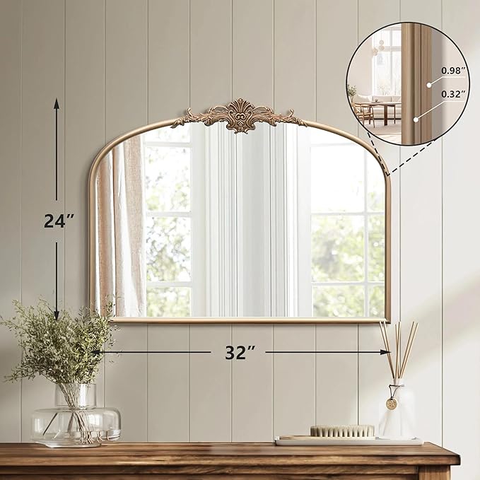 Besdomus Arched Vintage Gold Mirror: 32"x24" Large Champagne Gold Antique Wall Mounted Mirror - Baroque Traditional Ornate for Fireplace/Bathroom/Living Room - Wall Decor for Fashion-Conscious