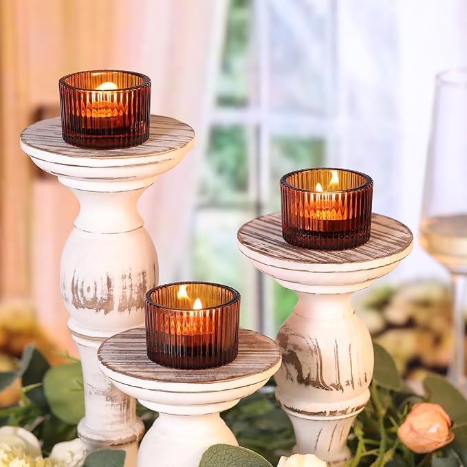 Tealight Candle Holder Set of 12, Amber Small Votive Candle Holders for Table Centerpiece,Glass Tea Light Candles Holder for Party&Home,Wedding Decor