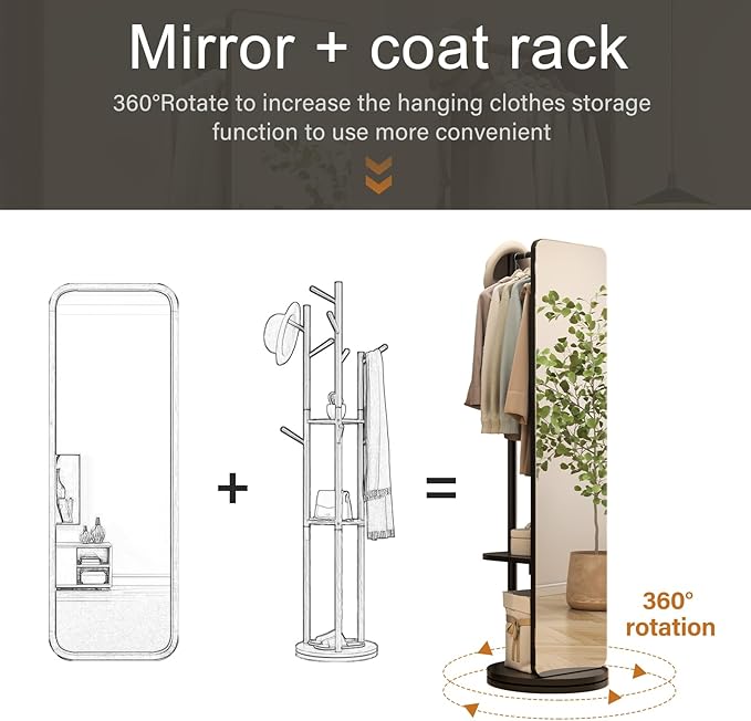 70"x19"Full Length Mirror with Stand,Coat Rack with Mirror,Solid Wood Floor Mirror,Swivel Mirrorfor Bedroom, Living Room, Cloakroom